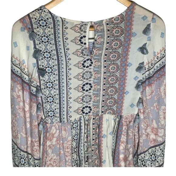 American Eagle XS Boho Floral Patchwork Peasant Blouse Long Sleeve - Picture 8 of 12